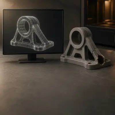 Blender 3D列印檔案常見問題示意，螢幕上完整的模型與列印失敗成品的對比
