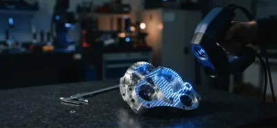 示意圖：手持式藍光 3D 掃描器將條紋光投射在金屬機構零件上，擷取外部表面座標