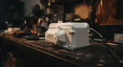 示意圖：深色工作檯上的白色光固化樹脂機構外殼，表面與轉角處可見數道細微裂紋