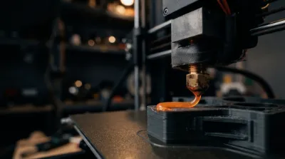 示意圖：FDM 3D列印機的加熱塊與金屬噴嘴正在擠出橘色熔融線材，堆疊在深灰色工程零件上